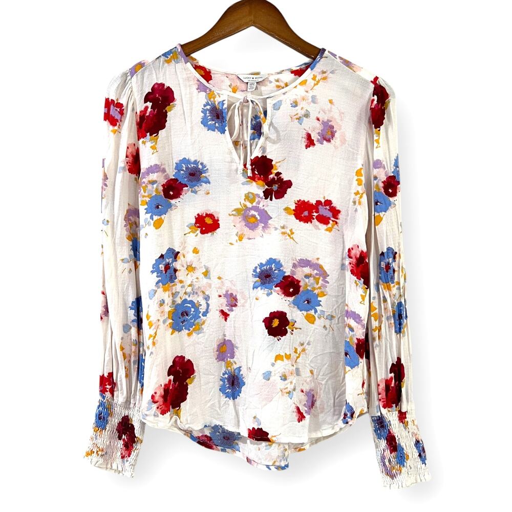 Lucky Brand Floral Blouse M Ivory Red Blue Tie Neck Smocked Long Sleeve Boho